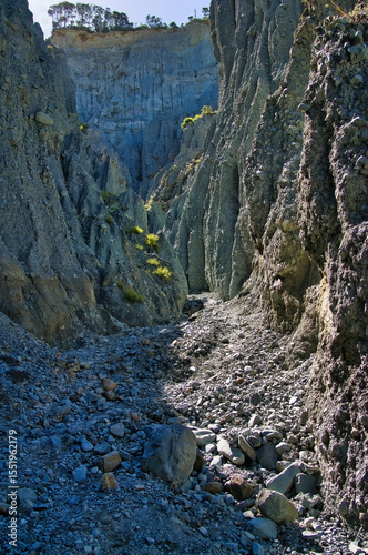 Narrow canyons between the Putangirua Pinnacles, eroded gravel spires, in Aorangi Forest Park, Greater Wellington, North Island, New Zealand
