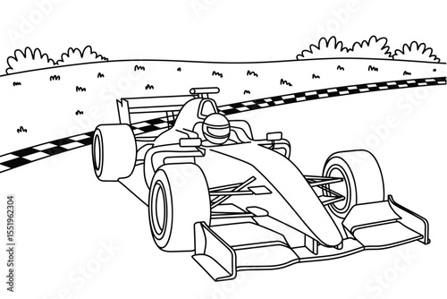 Formula One Racing Car Line Art on a Checkered Track