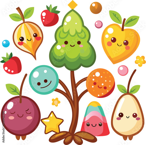 Playful Vector Fruits and Smiling Characters in a Whimsical Garden, Cheerful Nature Illustration, Colorful Environment, Charming Viewpoint