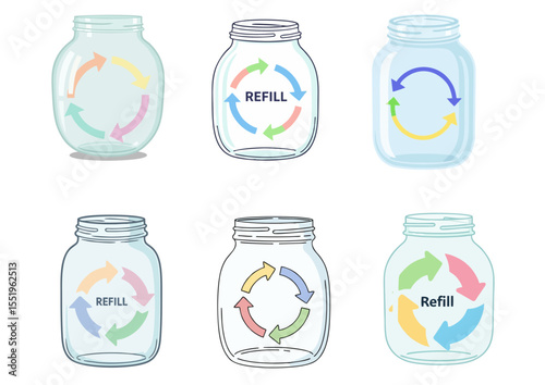 Flat vector illustration of glass jar with refill arrows, symbolizing reuse and sustainable storage