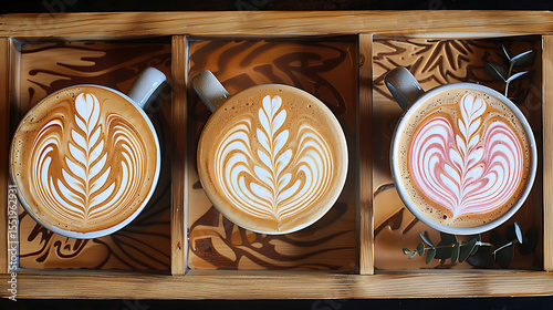 latte art, coffee shop, barista, wooden shelves, framed coffee art, warm tones, cafe decor, cozy atmosphere, artisanal beverages, delicate designs, foam patterns, textured surfaces, rustic ambiance, b