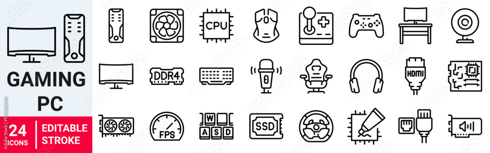 Naklejka premium Gaming PC web line icons. Computer and Hardware. RAM memory, ssd cpu processor. Keyboard mouse headphone speakers, laptop monitor server. Webcam. Editable stroke.