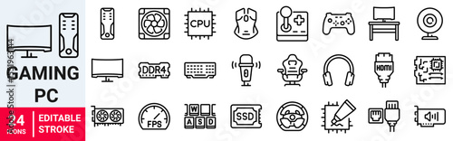 Gaming PC web line icons. Computer and Hardware. RAM memory, ssd cpu processor. Keyboard mouse headphone speakers, laptop monitor server. Webcam. Editable stroke.