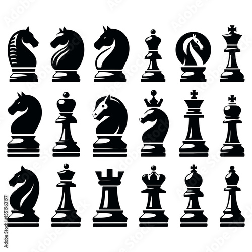 Chess pieces icon set knight king and queen silhouettes for strategy and game design