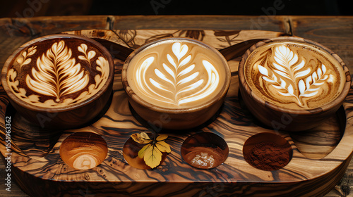 a beautiful arrangement of freshly brewed coffee drinks with intricate latte art designs, a variety of pastries and baked goods, displayed on a rustic wooden table, warm and inviting atmosphere, cozy 