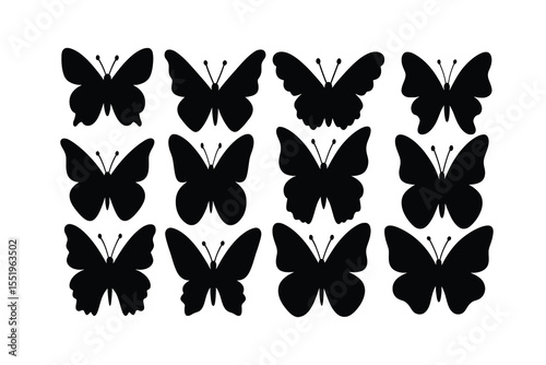 Twelve distinct black butterfly silhouettes offer versatility for various applications.  These high-resolution vector-style graphics are ideal for crafting scrapbooking and digital design projects.