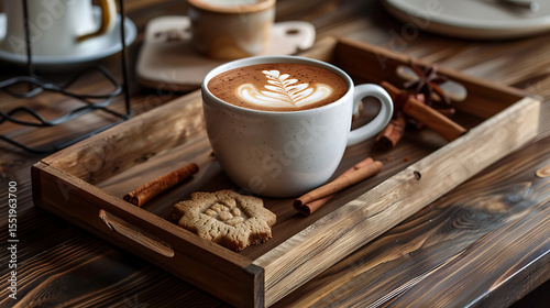 rustic wooden tray, coffee cup with latte art, baked pastry, cozy cafe interior, natural lighting, warm color tones, detailed textures, wooden surfaces, minimal composition
