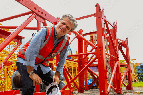Tableau sur toile Male workers work hard large construction sites stand exhausted from the hot humid weather are thirsty dizzy have headaches faint sweat lot are dehydrated suffer heatstroke due to the too hot to bear