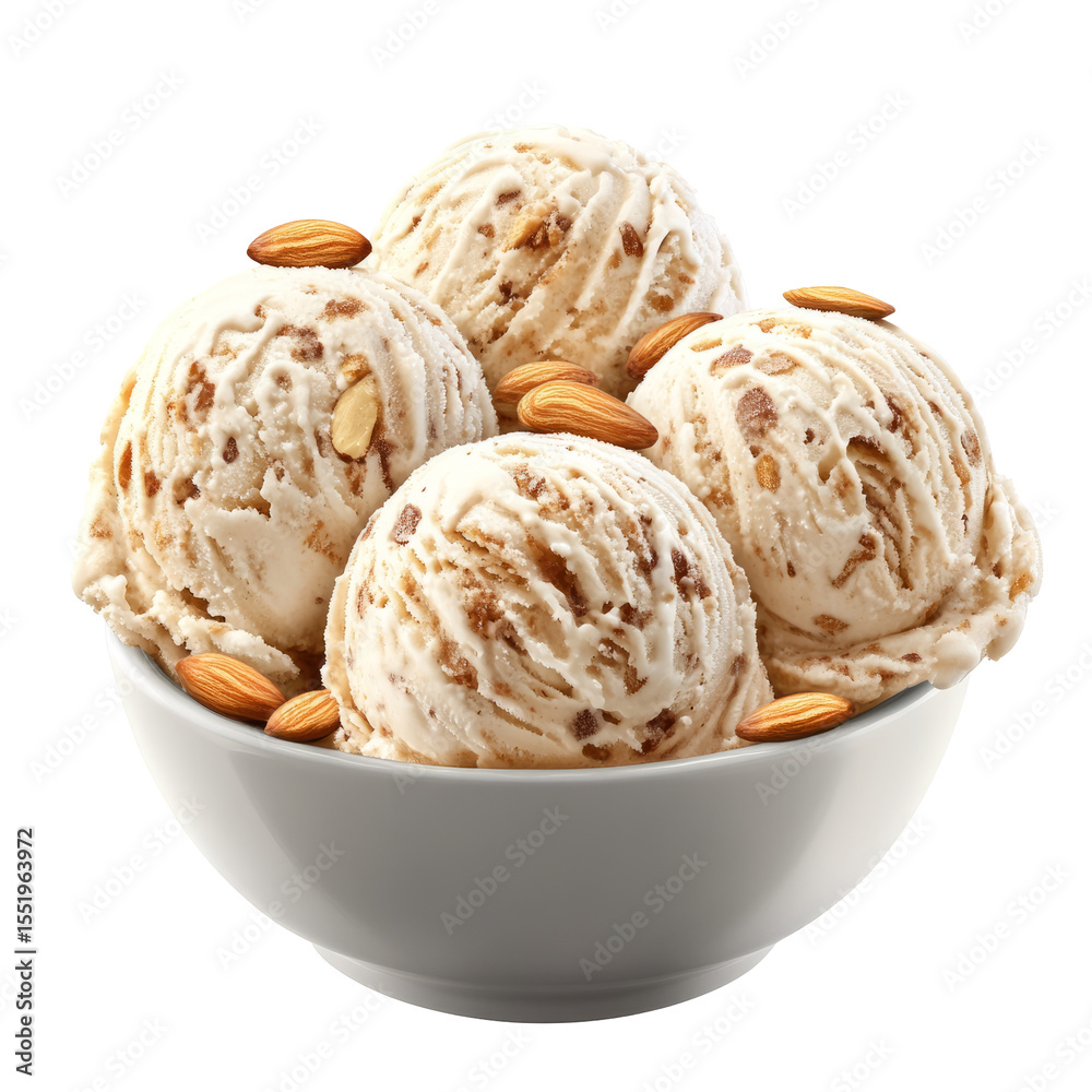 Fototapeta premium Almond Ice Cream Scoops In A Bowl, Isolated On White Background. Delicious Treat For Dessert.