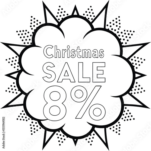 Outlined black and white Christmas sale explosion reports eight percent discount across transparent background