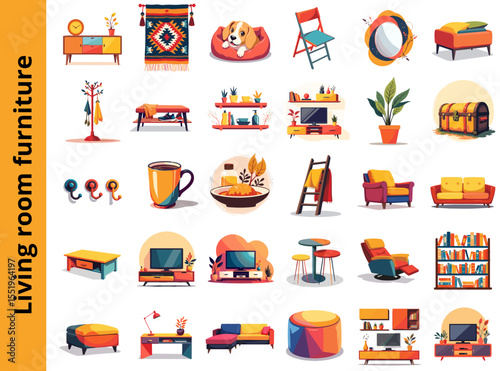 Colorful collection of living room furniture and decor elements  