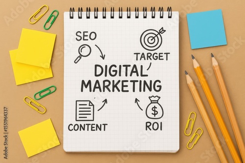 Spiral Notebook Digital Marketing Strategy Plan SEO Target Content ROI Yellow Sticky Notes Pencils Paperclips Brown Background