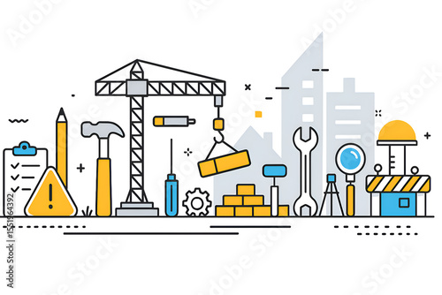 Flat Line Illustration of Construction Tools and Equipment with Crane, Hammer, Wrench and Cityscape Elements for Engineering or Industrial Projects