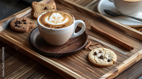 latte art, wooden tray, chocolate chip cookies, cozy cafe, warm lighting, detailed food photography, high quality, photorealistic
