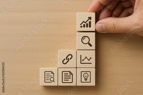 Wooden Blocks Digital Marketing Strategy Growth Chart Search Link Document Idea Lightbulb