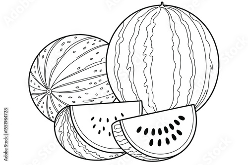Watermelon Still Life Line Art Whole and Sliced Summer Fruit