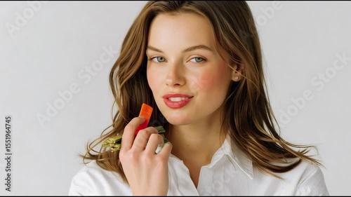 A young woman in a white shirt is about to eat a fresh carrot stick, holding vegetables and smiling gently.