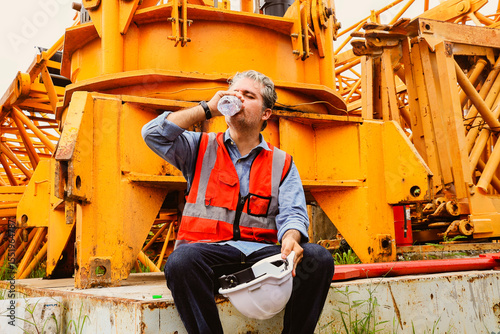 Wide angle foreman working at the construction site sat panting, sweating exhausted from the hot weather. He sat thirsty to prevent heatstroke due to the sweltering weather.
