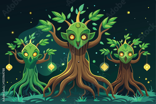 Funny cartoon vector illustration of a cute octopus monster in a night forest with trees and flowers