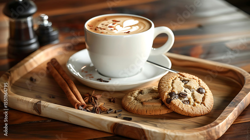 high quality photograph, detailed latte art, wooden tray, assorted biscotti cookies, warm lighting, cozy cafe, delectable pastries, artisanal beverage, rustic ambiance, indulgent coffee experience, sa
