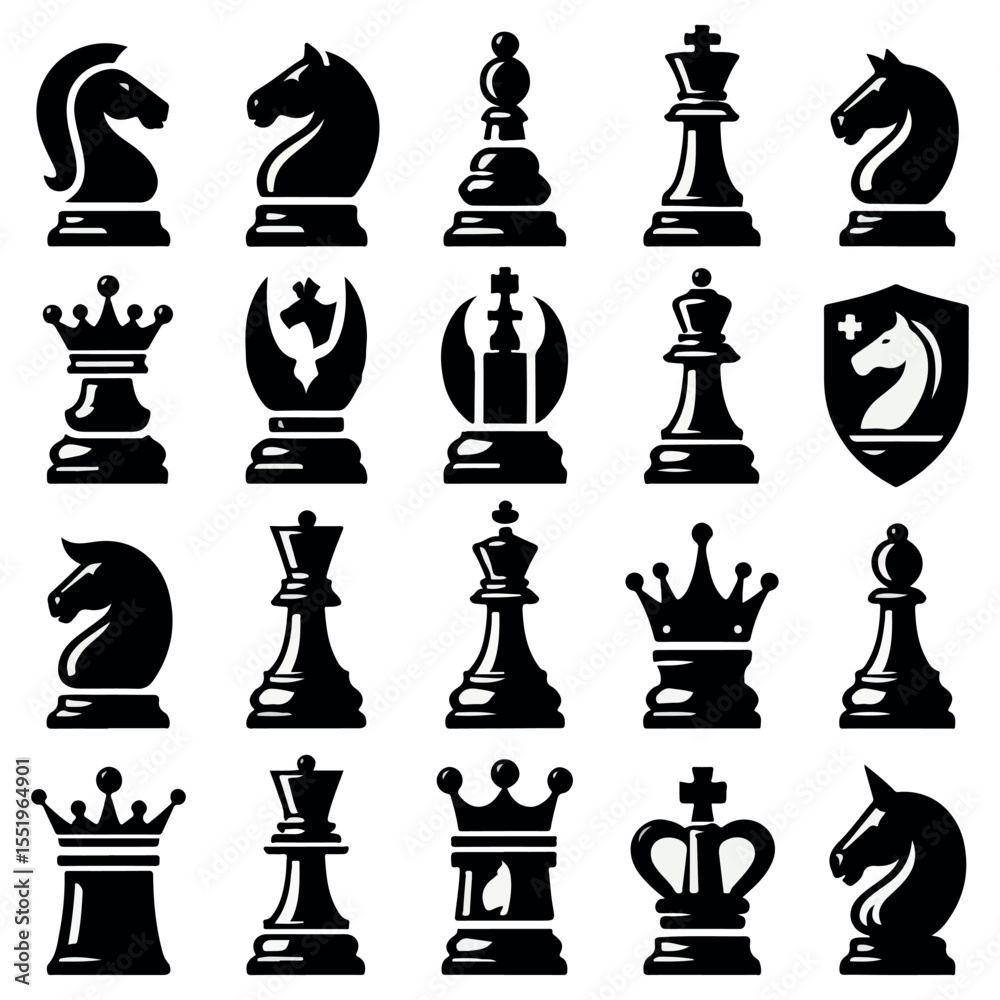 Chess pieces icon set knight king and queen silhouettes for strategy and game vector Chess pieces icon set knight king and queen silhouettes for strategy and game vector