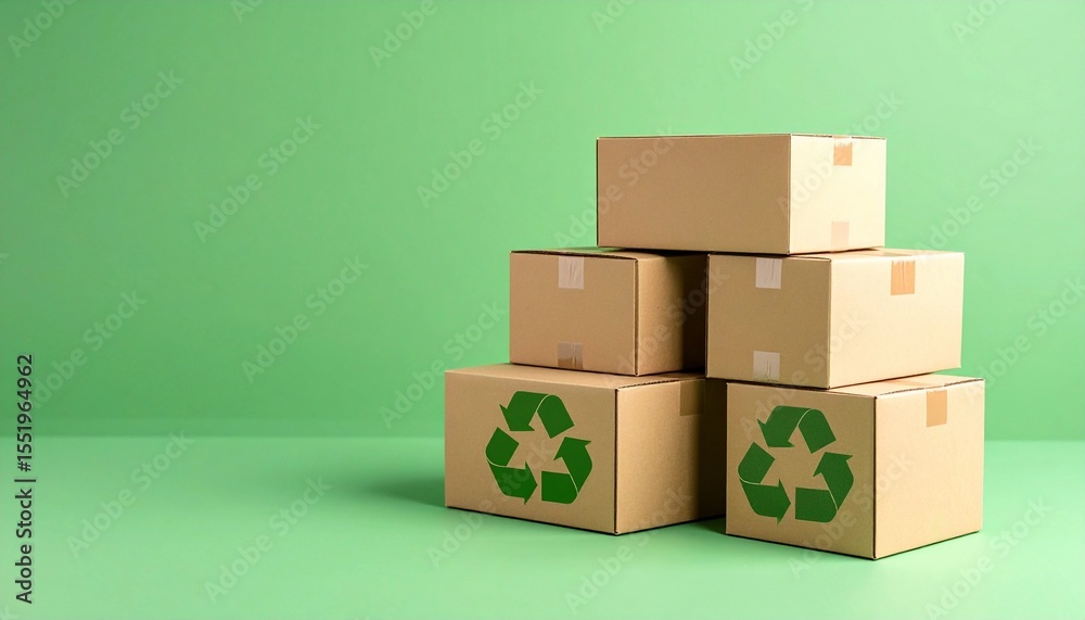 Fototapeta premium Recycling Symbol on Cardboard Boxes Stacked on Green Background