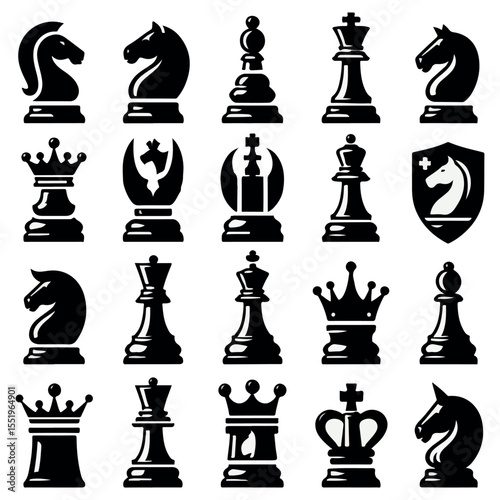 Chess pieces icon set knight king and queen silhouettes for strategy and game vector