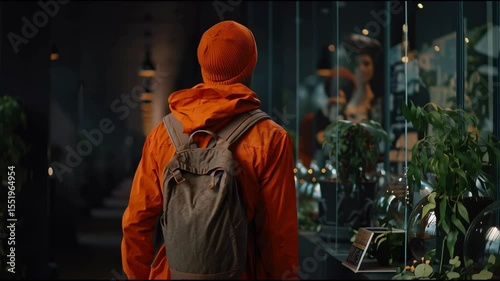 A person in an orange jacket and beanie with a backpack observes plants inside a modern indoor greenhouse or botanical exhibit.