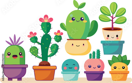 A fun set of cute cartoon animal and cactus illustrations, featuring happy frogs and other garden creatures in pots with flowers and leaves, isolated on white