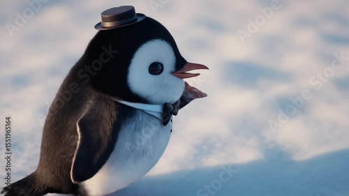 Penguin in Tuxedo Holding a Snack on Snowy Landscape