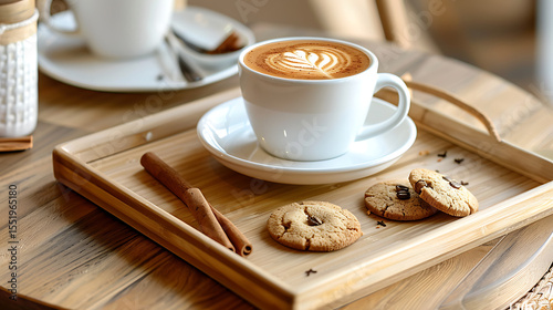 a coffee cup with latte art, wooden tray with cookies, cinnamonsticks, wooden table, soft focus, warm lighting, high quality, 8k, digital art
