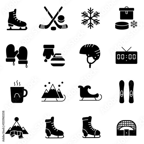 Collection of Winter Sports Icons: Skiing, Ice Skating, Hockey, Curling, and More
