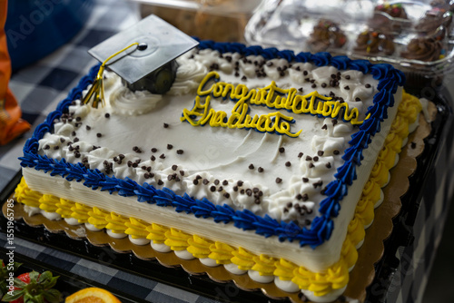 A celebratory graduation cake, adorned with blue, yellow, and white icing and 