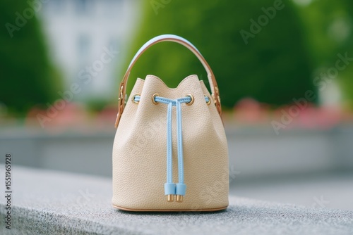 portrait of bucket bag in soft beige with pale blue drawstring placed on gray concrete bench