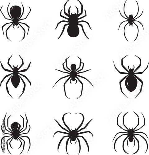 Silhouettes of black spiders Halloween shape on white background