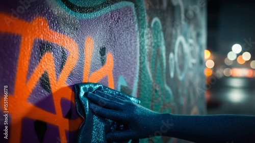 Person cleaning graffiti on a colorful urban wall