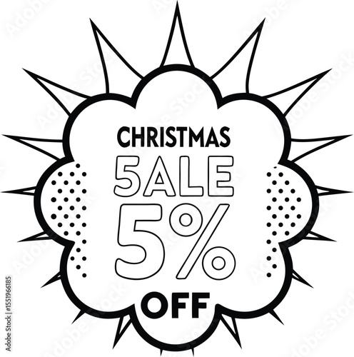 An outlined 5% off Christmas sale burst has black dots for decoration and transparent background