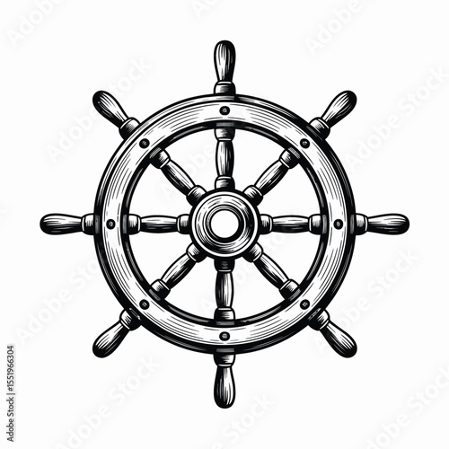 Detailed Engraving of a Classic Wooden Ship s Wheel on White Background
