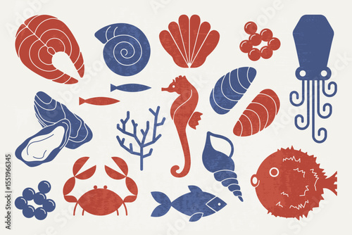 Seafood clipart set. Fish shellfish mussel icons, caviar salmon crab oyster squid, sea underwater animals for marine restaurant menu design vintage style. Vector collection