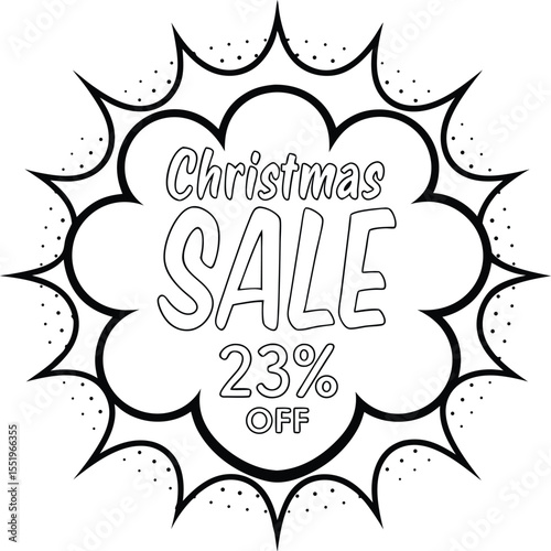 Black and white Christmas sale badge shows twenty three percent off with detail