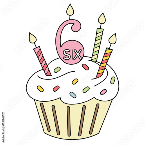 A cupcake with white frosting and colorful sprinkles, topped with a number six candle and three additional candles, on a white background