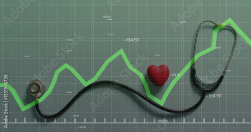 Displaying black stethoscope on numeric grid with white scale, showing green line graph, red heart