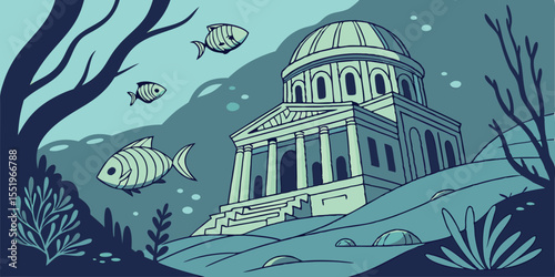 A mysterious underwater palace hidden in the depths of the Gulf of America, with ancient