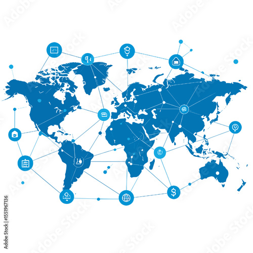 Abstract Blue World Map with Global Network Connections Digital Illustration