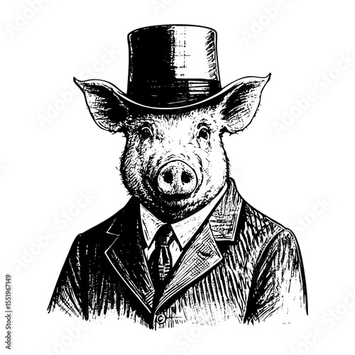 Pig wear top hat engraving black and white outline. Scratch board imitation. illustrated in vintage line art style on a white background.