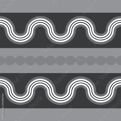 Abstract geometric pattern with wavy lines and circles in shades of gray and white, minimalist design, symmetrical composition, clean lines, mod