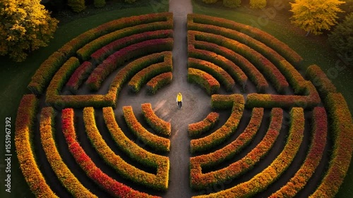 Person walking through a colorful maze at sunset