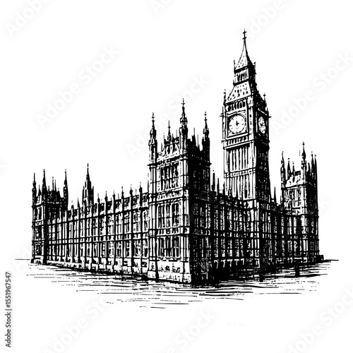 Big ben England sketch engraving black and white outline. Scratch board imitation.  illustrated in vintage line art style on a white background.