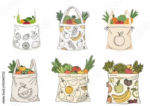 Flat vector illustration of reusable fabric produce bag with fruit outlines, symbolizing plastic-free shopping