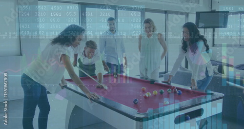 Colleagues in business casual playing pool on red-felt table in office lounge, with data overlays